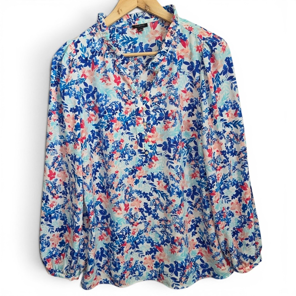 Talbots Top Womens Large Blue V Neck Floral Print Long Sleeve Blouse Casual